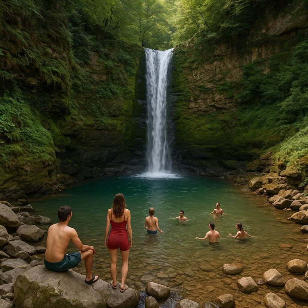 People at the foot of the waterfall Georgia